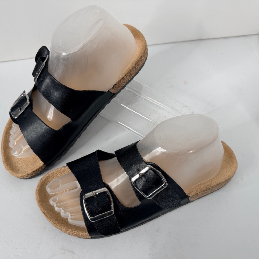 NWOT Alpine Swiss Black Double Strap Slide Sandals Cork Footbed Size 10